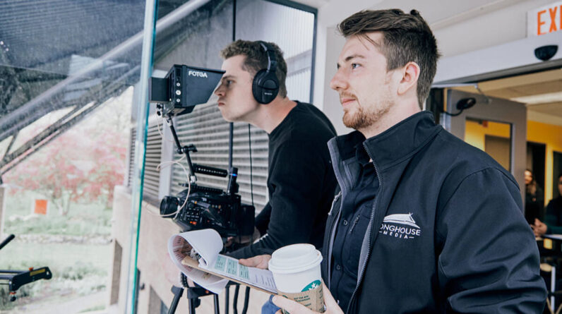 Keenan Beavis, foreground, at 28 is one of Business BC’s 30 Under 30 honourees, for the success of Longhouse Media. (Longhouse Media/Special to the Langley Advance Times)