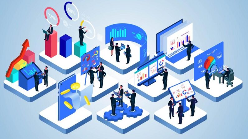 Isometric business people and investors in the workplace sales display on the analysis of statistics and management research operations data charts, marketing and data analysis concepts