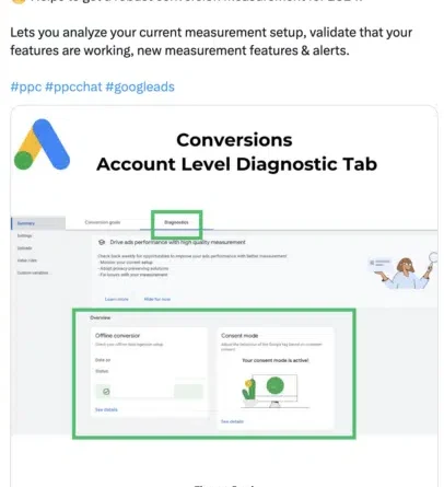 Google Ads Pilot Conversions Account Level Diagnostics Tab