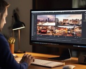 A person working at a desk on a computer with two lamps, utilizing enterprise search