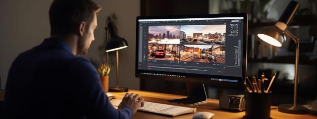 A person working at a desk on a computer with two lamps, utilizing enterprise search
