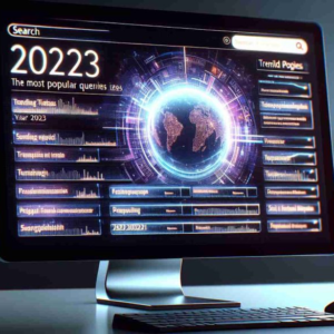 Generate a realistic HD image of a computer screen featuring a search engine page, which portrays the most popular queries of the year 2023. This page should display a list and brief descriptions of trending topics, arranged in order of popularity. The images, texts, and graphics on the webpage should all adhere to a futuristic design aesthetic.