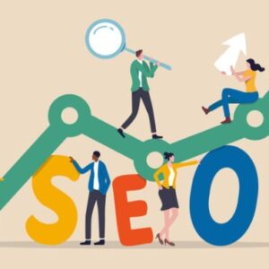 SEO, search engine optimization for website to show up on search results page concept, professional people with magnifying glass, mouse pointer or using laptop sit on SEO word analysis chart .
