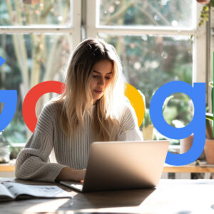 Woman Typing Laptop Plant Google Logo