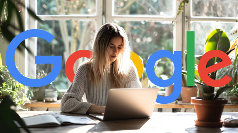 Woman Typing Laptop Plant Google Logo