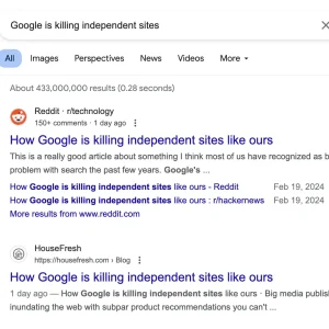 Article complaining about being outranked on Google being outranked by Reddit