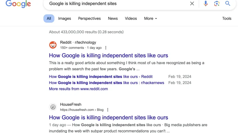 Article complaining about being outranked on Google being outranked by Reddit
