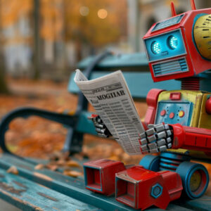 Robot Reading Newspaper Park Bench