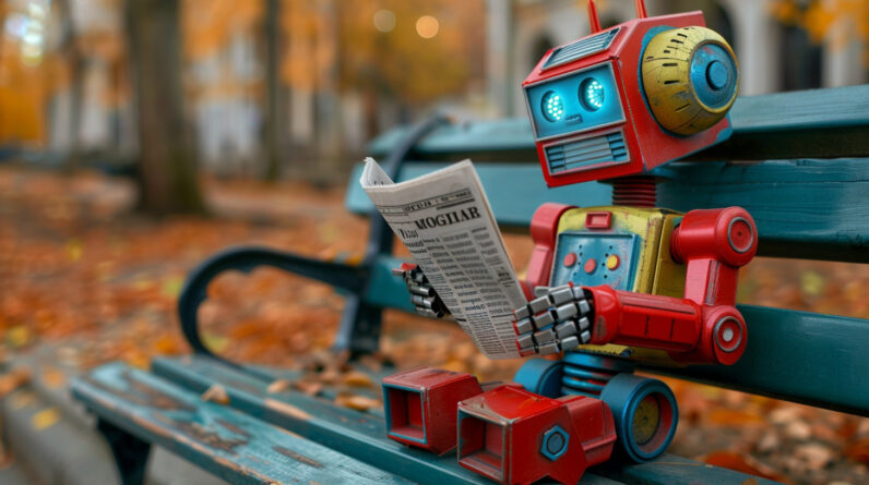 Robot Reading Newspaper Park Bench