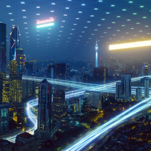 Smart city and abstract polygon pattern connection with speed line light, big data connection technology concept .