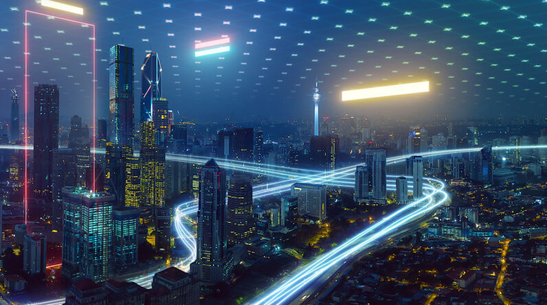 Smart city and abstract polygon pattern connection with speed line light, big data connection technology concept .