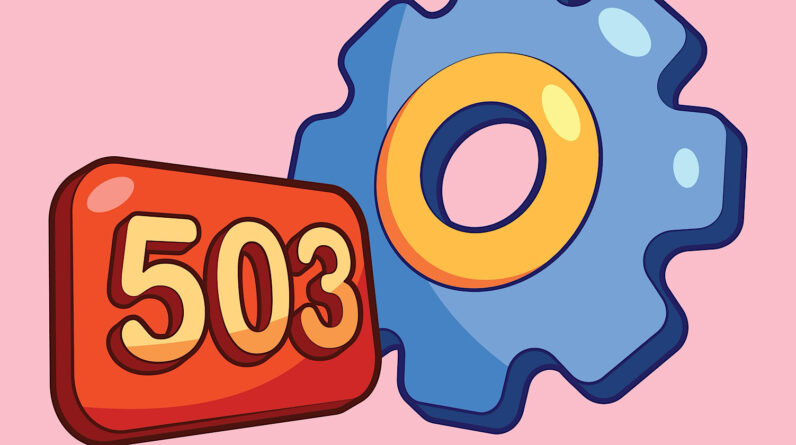 A colorful illustration depicting a "503 status codes" error message. The numbers are shown on a bright red-orange rectangle, next to a large blue gear