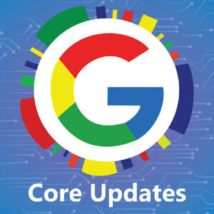 Graphic depicting the Google logo with colorful segments on a blue circuit board background, accompanied by the text "Google March 2024 Core Update.