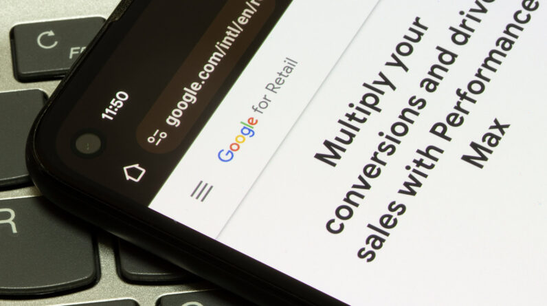 Introduction to Google Performance Max advertising campaigns is seen on the webpage of Google for Retail on a smartphone.