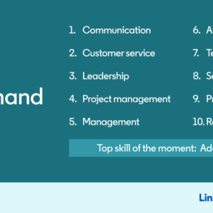 LinkedIn app on a smartphone screen with a background of computer code, highlighting profile enhancement and networking features for in-demand skills.