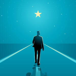 Man walks on the boundless road to the bright star, success journey, long journey starts with one step