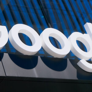 General view of the Google logo sign on an office building facade wall