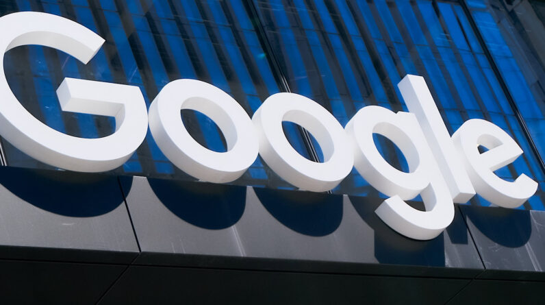 General view of the Google logo sign on an office building facade wall