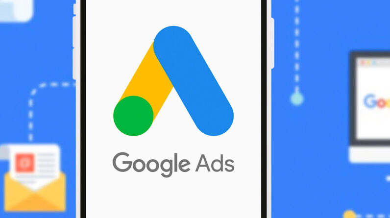 Smart phone with the Google Ads logo is a service and program of the company Google.