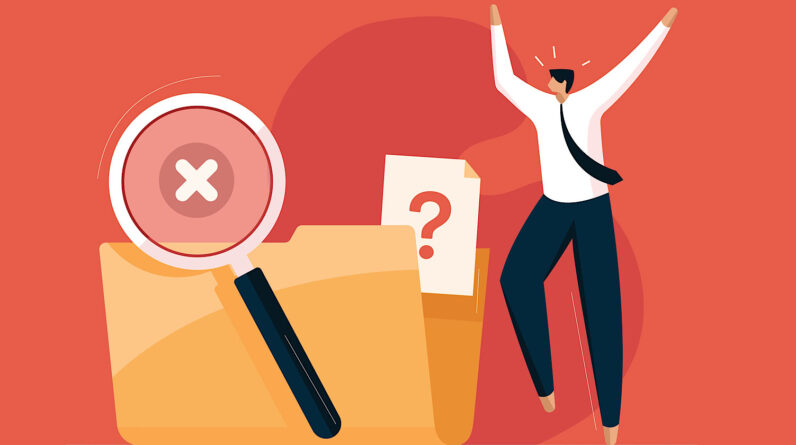 Angry man with empty file folder, No data and Data search not found concept