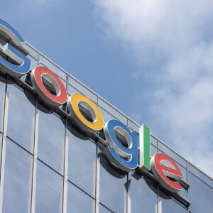 Looking up at an angle at the Google sign on the Head Office for Canada